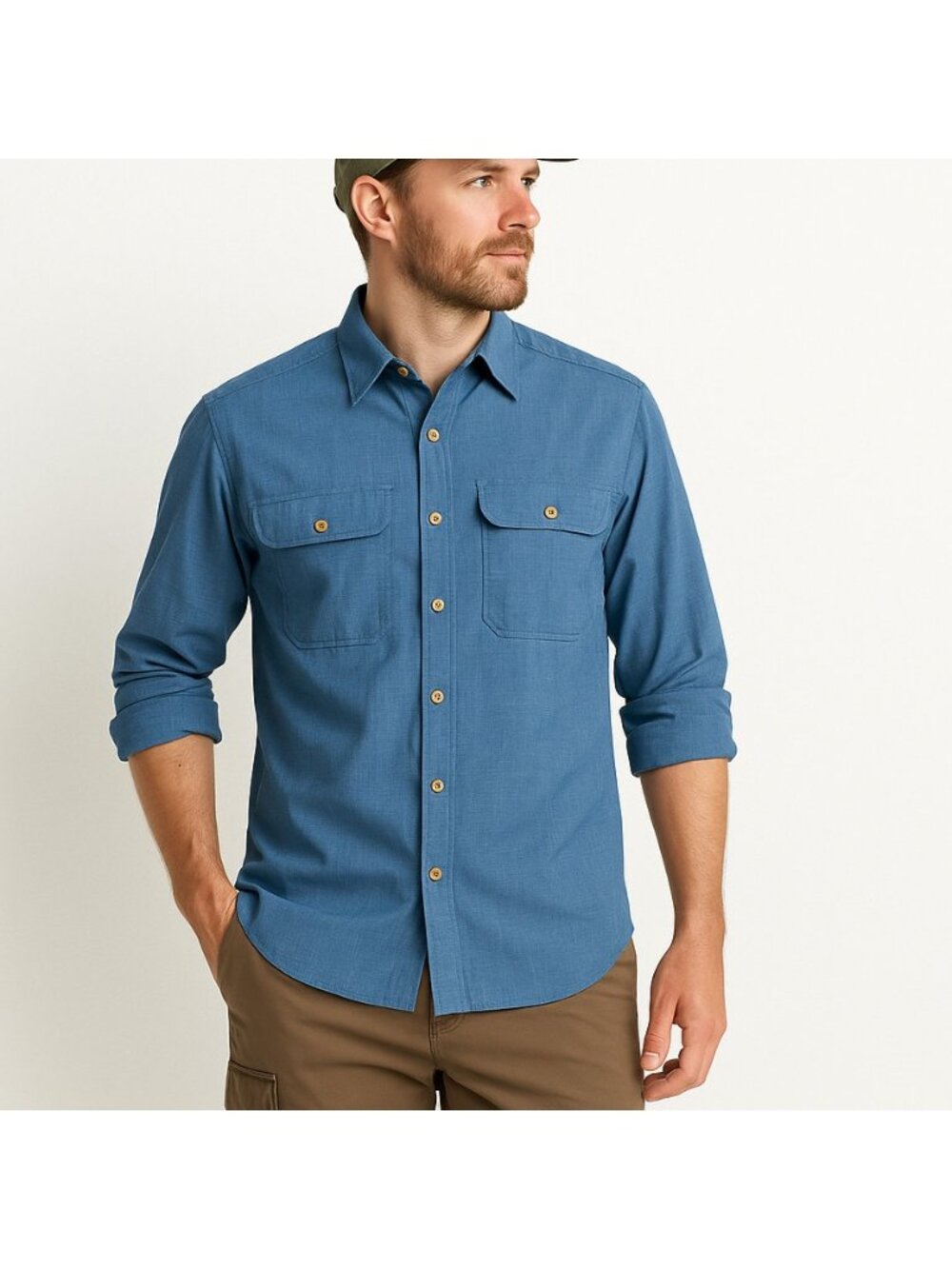 Orvis Men’s Button Down Fishing Shirt Blue Polyester Roll Tab Sleeves Size M